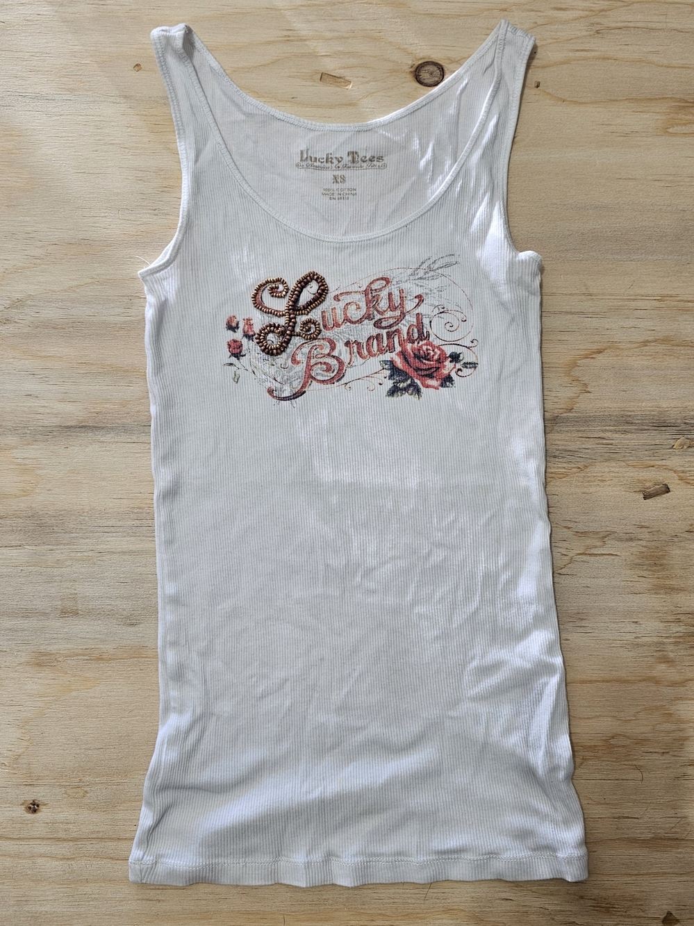 Lucky Brand White Ribbed Tank with Rose Logo